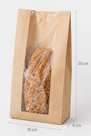 Bäckerbeutel 16+6x28, 35g/M2, braun, mit Sichtfenster